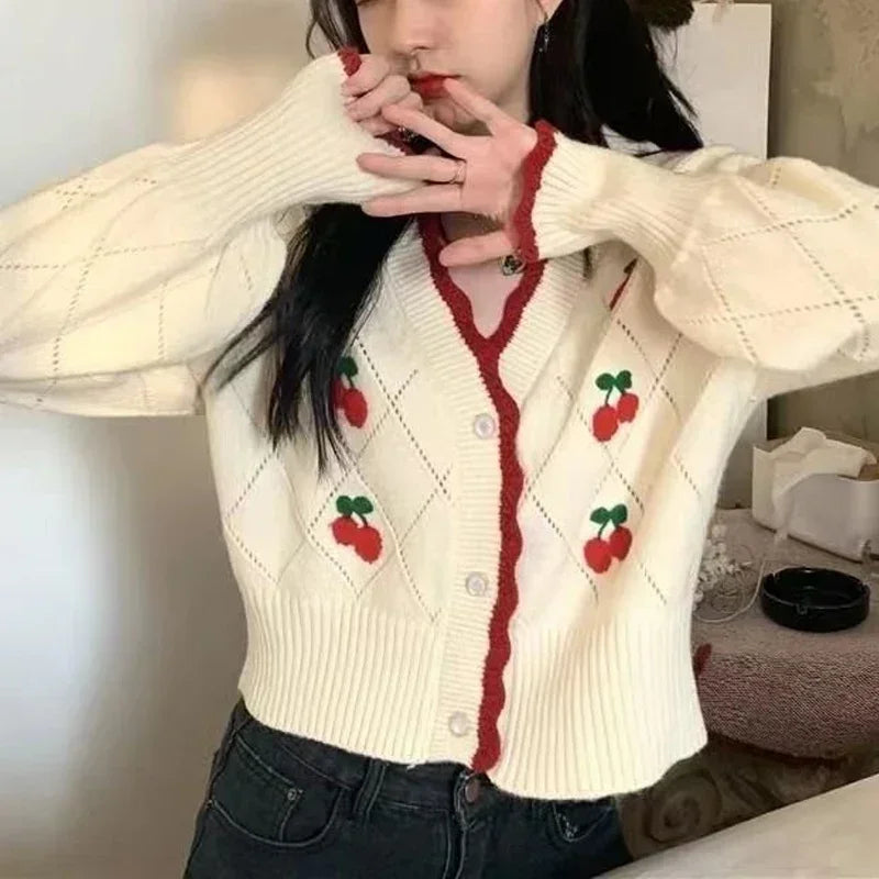 LVSANW New Autumn V-neck Long Sleeve Knitting Sweater Women Casual Loose Button Floral All-match Tops Sweet Cherry Cardigan Crop Top