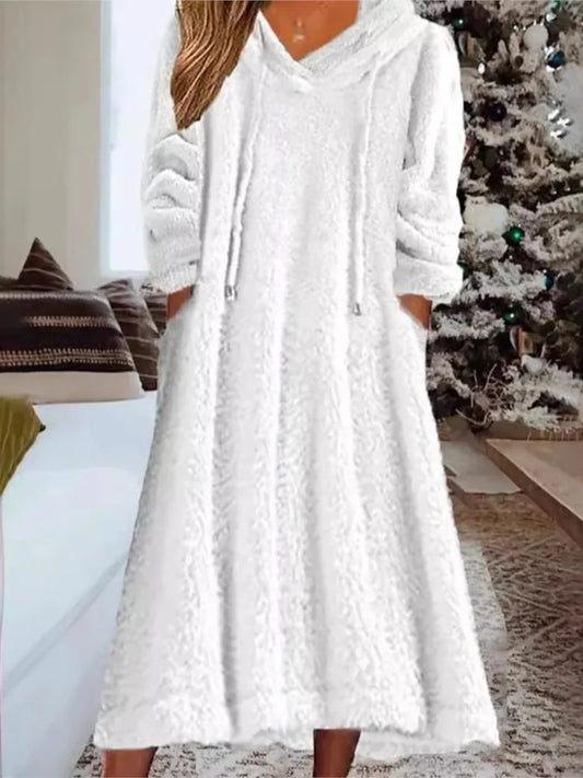 LVSANW New Autumn Winter Casual Plush Hooded Long Sleeve Dress For Women Warm Home Wear Everyday Comfort Loose Maxi Dresses Robe Femme