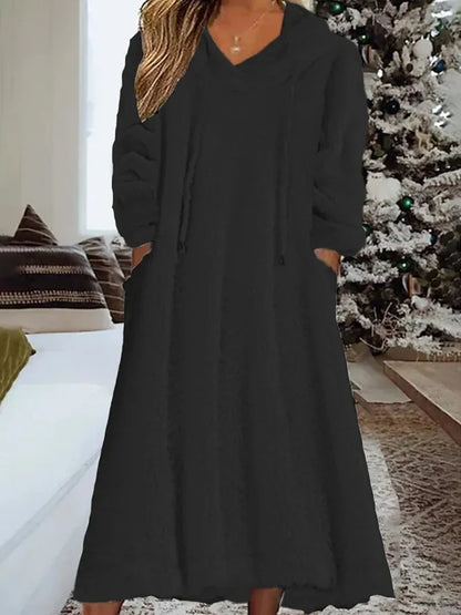 LVSANW New Autumn Winter Casual Plush Hooded Long Sleeve Dress For Women Warm Home Wear Everyday Comfort Loose Maxi Dresses Robe Femme