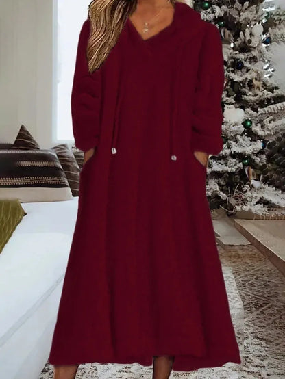 LVSANW New Autumn Winter Casual Plush Hooded Long Sleeve Dress For Women Warm Home Wear Everyday Comfort Loose Maxi Dresses Robe Femme