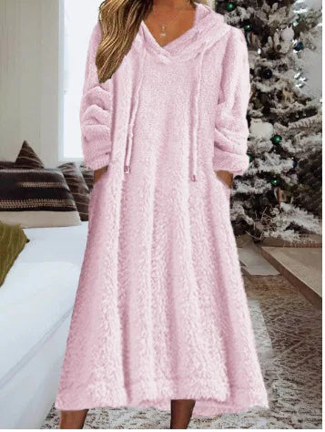 LVSANW New Autumn Winter Casual Plush Hooded Long Sleeve Dress For Women Warm Home Wear Everyday Comfort Loose Maxi Dresses Robe Femme