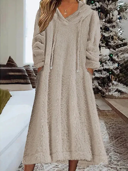 LVSANW New Autumn Winter Casual Plush Hooded Long Sleeve Dress For Women Warm Home Wear Everyday Comfort Loose Maxi Dresses Robe Femme