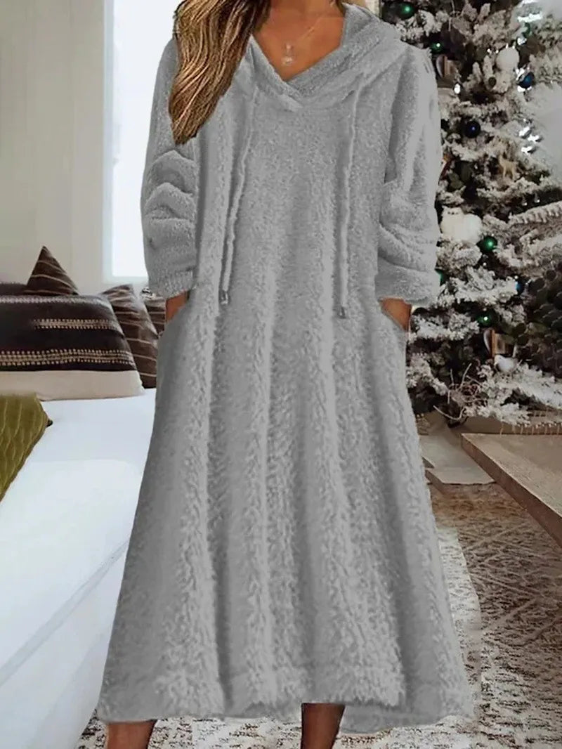 LVSANW New Autumn Winter Casual Plush Hooded Long Sleeve Dress For Women Warm Home Wear Everyday Comfort Loose Maxi Dresses Robe Femme