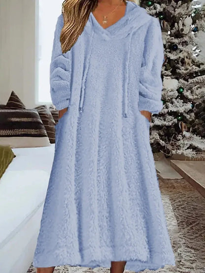 LVSANW New Autumn Winter Casual Plush Hooded Long Sleeve Dress For Women Warm Home Wear Everyday Comfort Loose Maxi Dresses Robe Femme