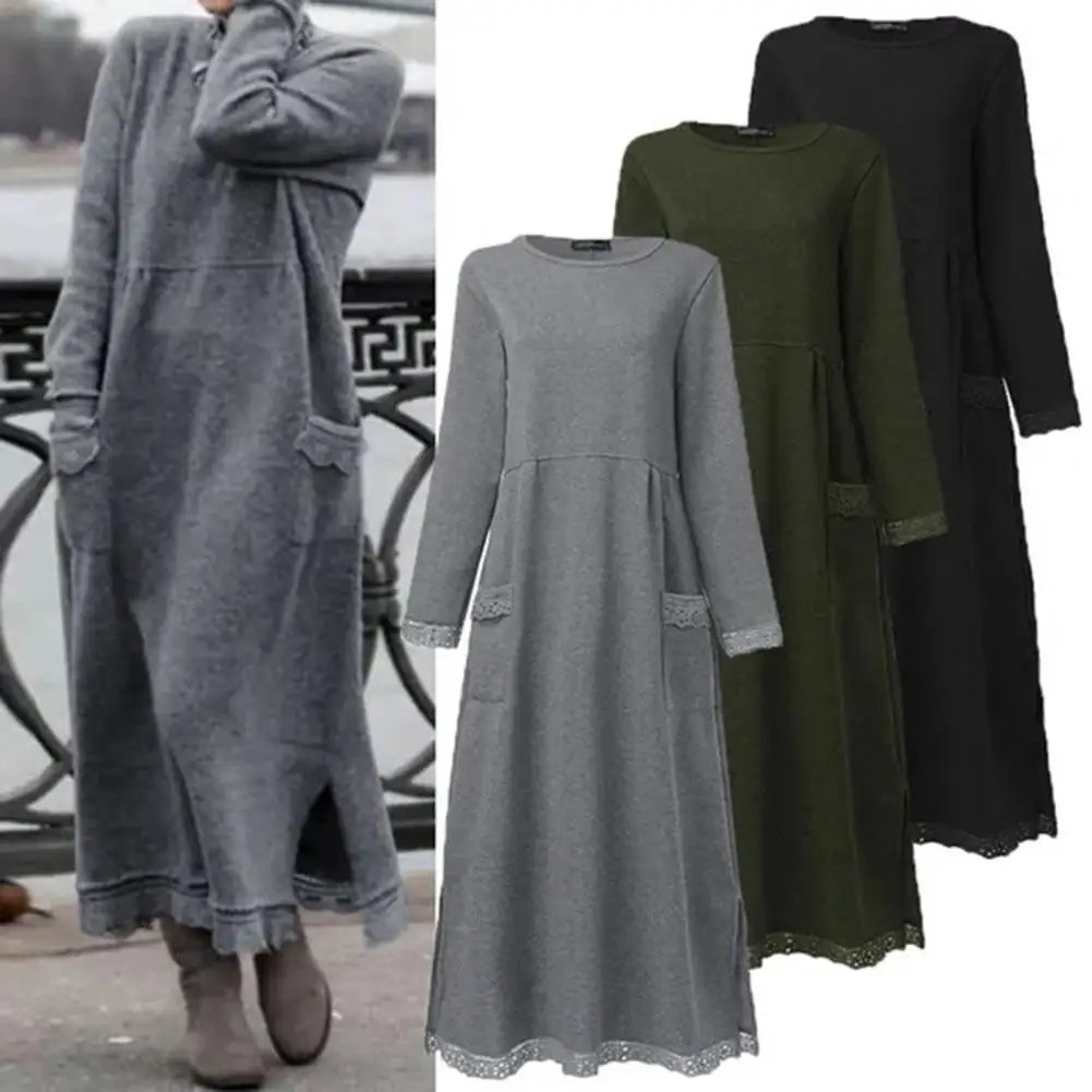 LVSANW New Autumn Winter Loose Long Dress Women Velvet Sweatshirt Casual Dress Women Fashion Solid O Neck Long Sleeve Holiday Dress