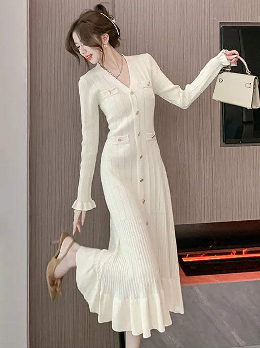 LVSANW New Autumn Winter Ribbing Knitted Dress Women V-Neck Long Sleeve Fashion Ruffles Hem Mermaid Dresses Elegant Vestidos Robes