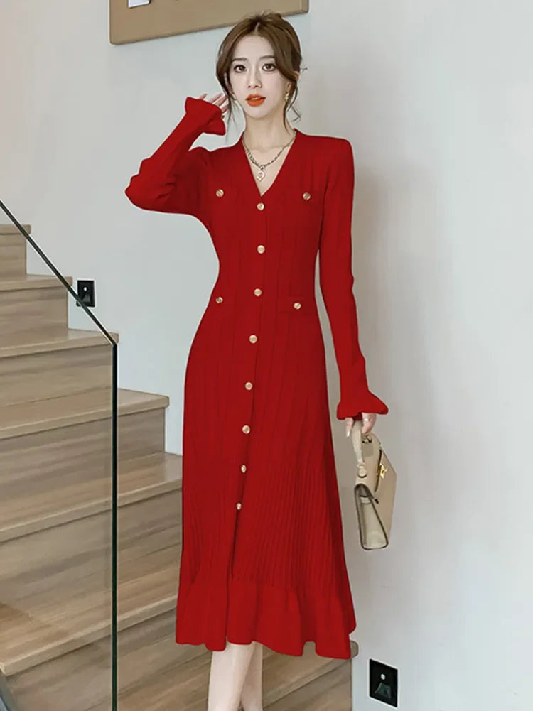 LVSANW New Autumn Winter Ribbing Knitted Dress Women V-Neck Long Sleeve Fashion Ruffles Hem Mermaid Dresses Elegant Vestidos Robes