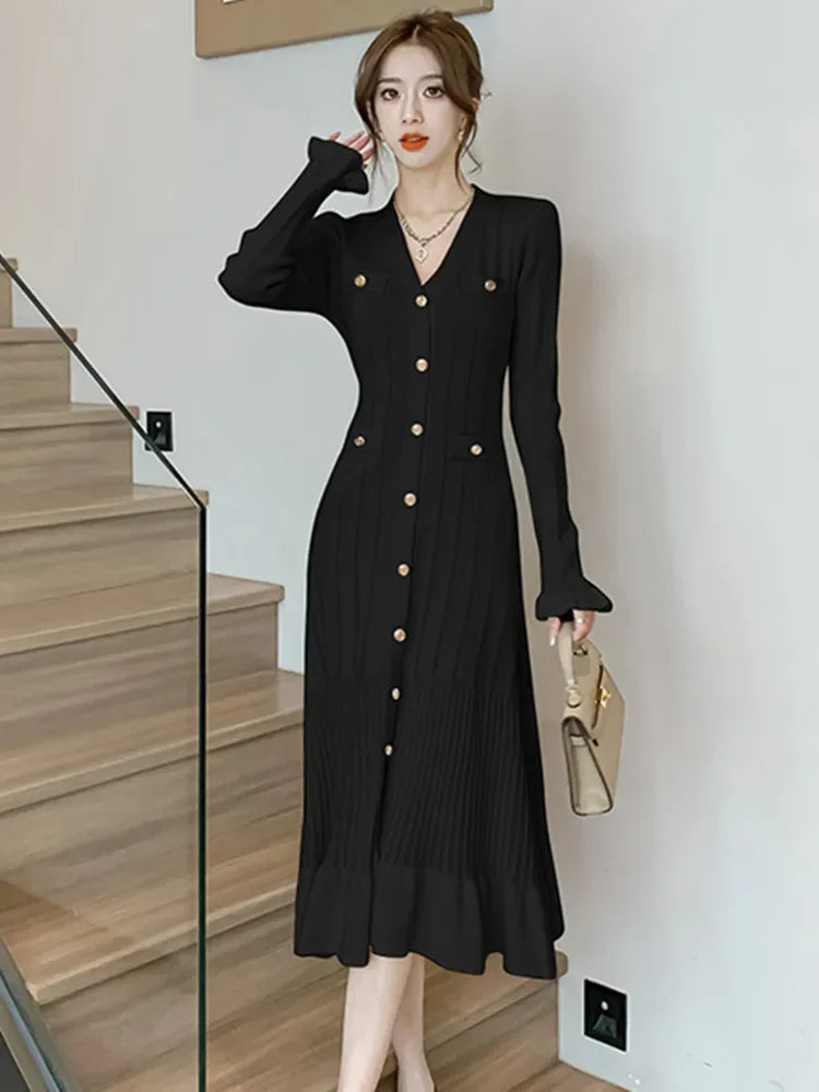 LVSANW New Autumn Winter Ribbing Knitted Dress Women V-Neck Long Sleeve Fashion Ruffles Hem Mermaid Dresses Elegant Vestidos Robes