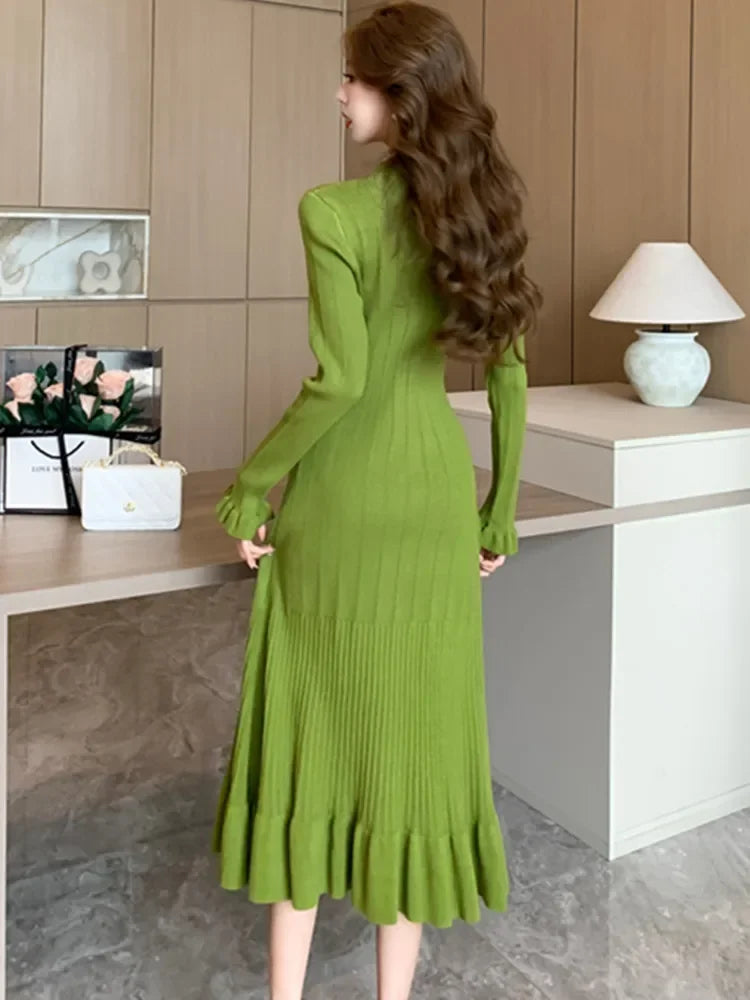 LVSANW New Autumn Winter Ribbing Knitted Dress Women V-Neck Long Sleeve Fashion Ruffles Hem Mermaid Dresses Elegant Vestidos Robes