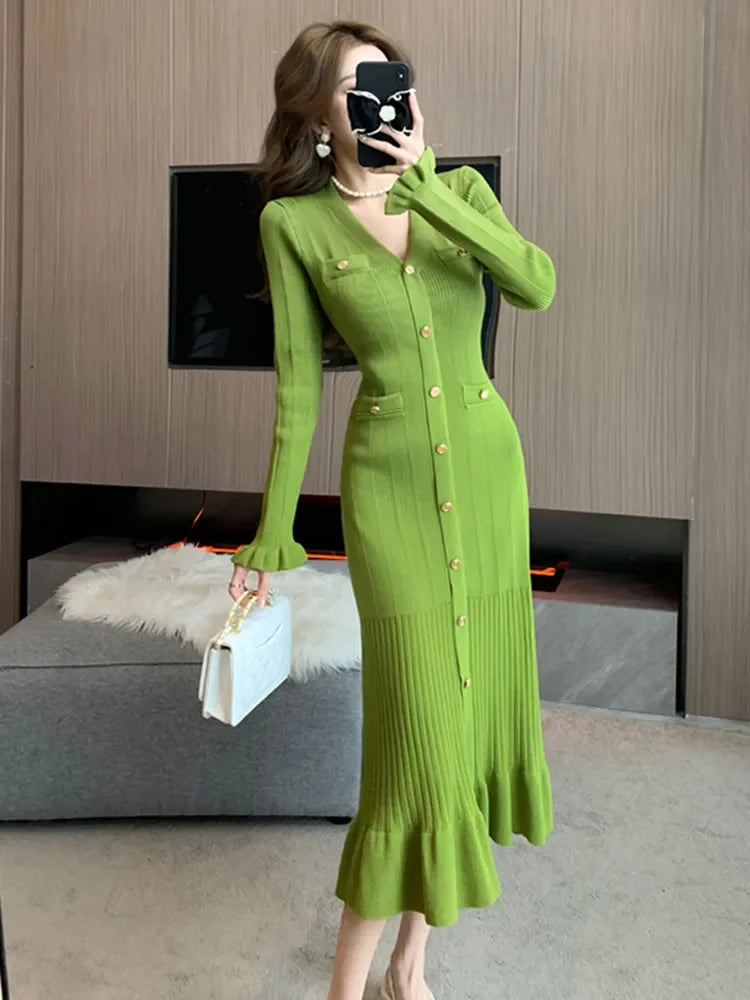 LVSANW New Autumn Winter Ribbing Knitted Dress Women V-Neck Long Sleeve Fashion Ruffles Hem Mermaid Dresses Elegant Vestidos Robes