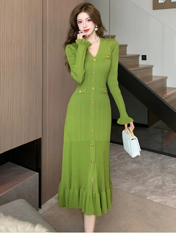 LVSANW New Autumn Winter Ribbing Knitted Dress Women V-Neck Long Sleeve Fashion Ruffles Hem Mermaid Dresses Elegant Vestidos Robes