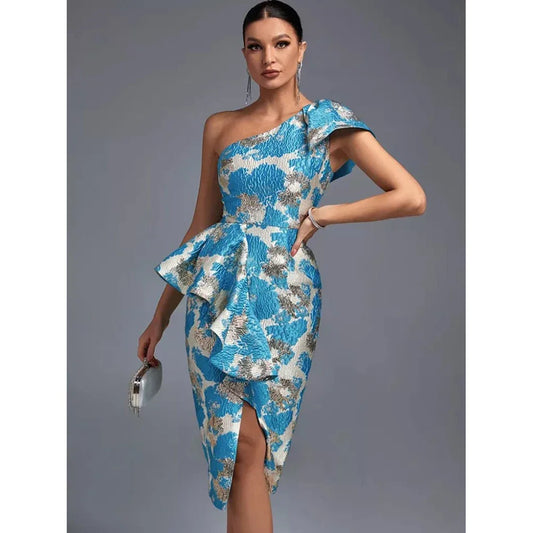 LVSANW New Blue Jacquard Ruffle Summer Women Dress Vestidos Para Mujer Night Club Outfit Evening Cocktail Party Formal Occasion Dresses