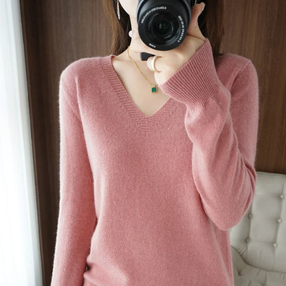 LVSANW New Cashmere Women's V-neck Pullover Lace Neck Hollow Out Design Casual Knitted Long Sleeve Women's Sweater Autumn And Winter