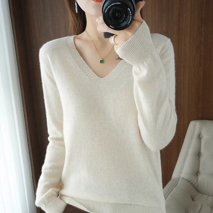 LVSANW New Cashmere Women's V-neck Pullover Lace Neck Hollow Out Design Casual Knitted Long Sleeve Women's Sweater Autumn And Winter