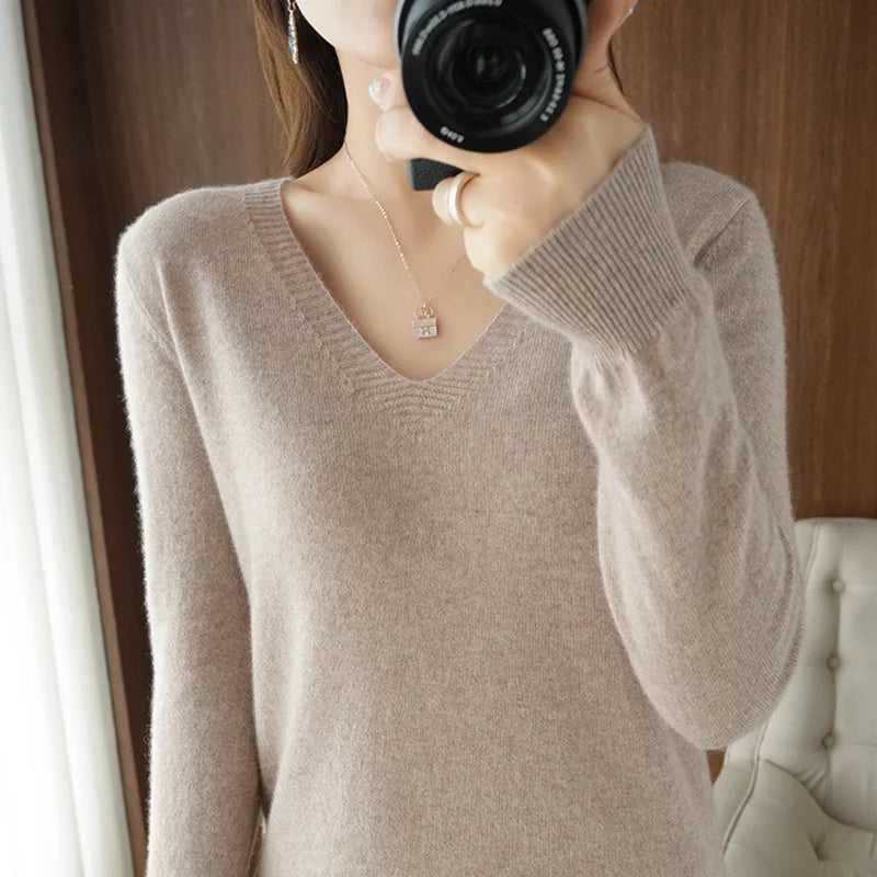 LVSANW New Cashmere Women's V-neck Pullover Lace Neck Hollow Out Design Casual Knitted Long Sleeve Women's Sweater Autumn And Winter