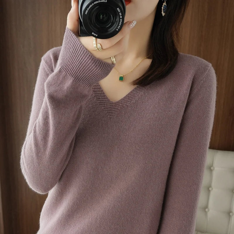 LVSANW New Cashmere Women's V-neck Pullover Lace Neck Hollow Out Design Casual Knitted Long Sleeve Women's Sweater Autumn And Winter