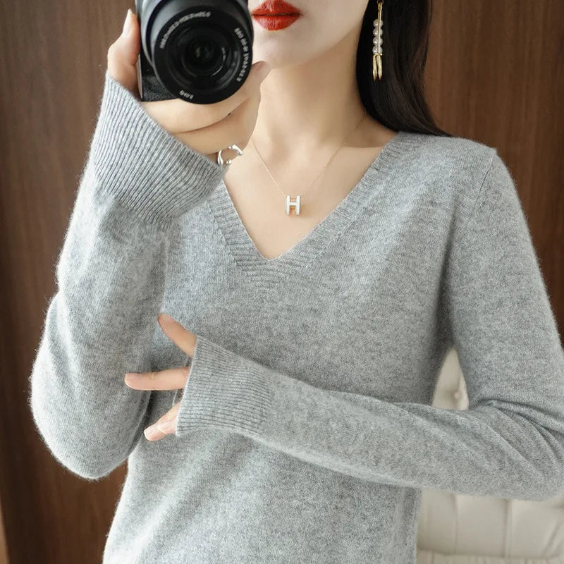 LVSANW New Cashmere Women's V-neck Pullover Lace Neck Hollow Out Design Casual Knitted Long Sleeve Women's Sweater Autumn And Winter