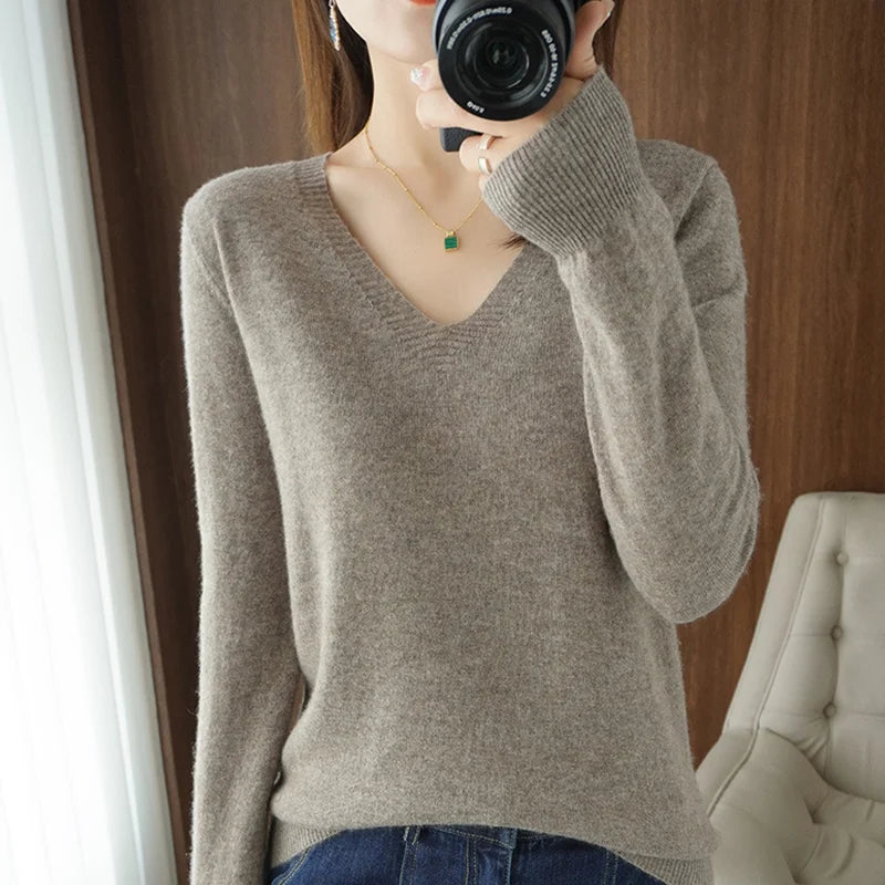 LVSANW New Cashmere Women's V-neck Pullover Lace Neck Hollow Out Design Casual Knitted Long Sleeve Women's Sweater Autumn And Winter