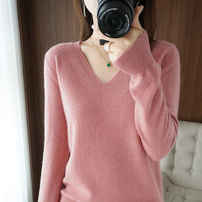 LVSANW New Cashmere Women's V-neck Pullover Lace Neck Hollow Out Design Casual Knitted Long Sleeve Women's Sweater Autumn And Winter