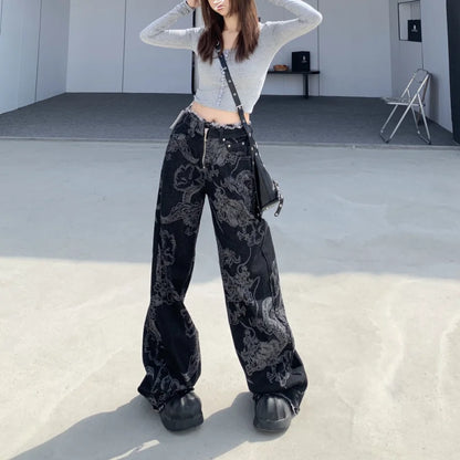 LVSANW New Dragons Print Design Jeans for Women Street Personality Long Trousers Fashion All-match Spring Women's Pants