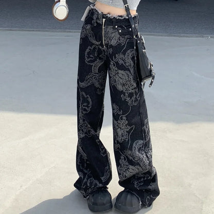 LVSANW New Dragons Print Design Jeans for Women Street Personality Long Trousers Fashion All-match Spring Women's Pants