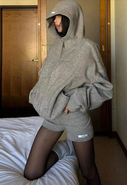 LVSANW New European and American Street Harajuku Gray Sports Suit Fashion Brand Oversized Loose Hoodie Shorts Zipper Sweatshirt Women