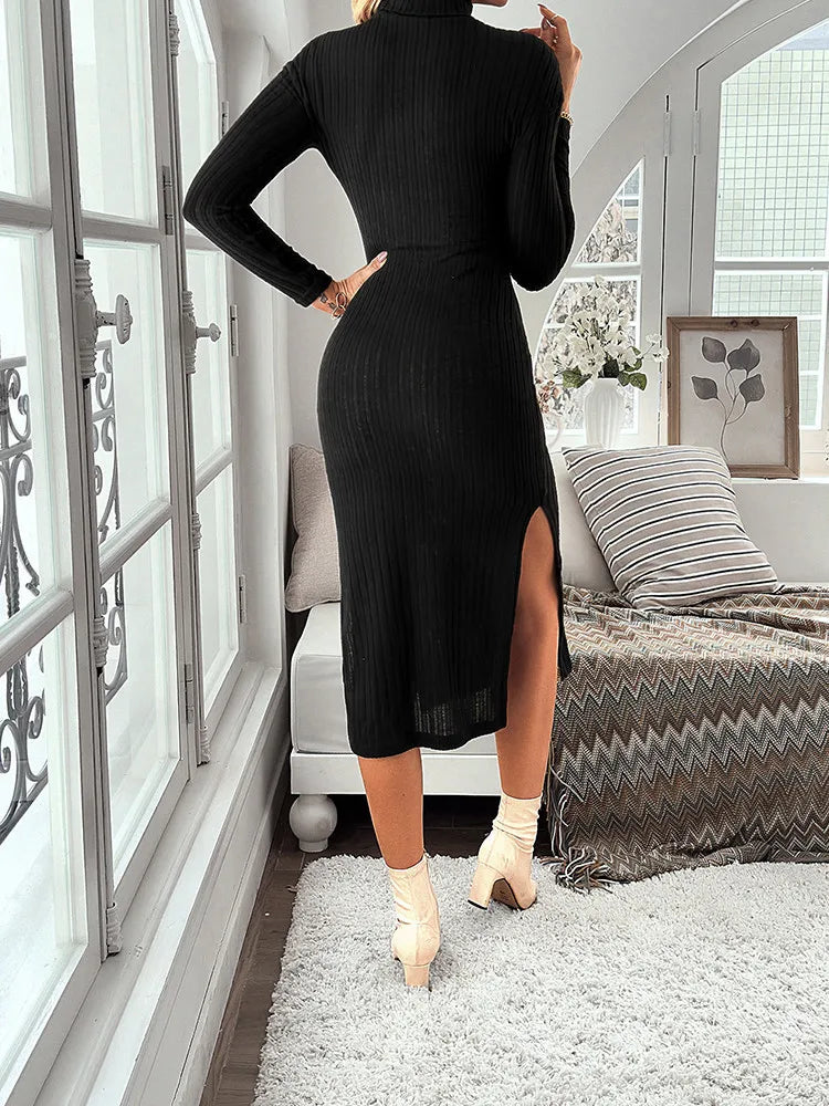 LVSANW New Fashion Casual Women's High Neck Slit To Thigh Knitted Striped Texture Solid Black Color  Slim Hip Long  Dress (No Belt)