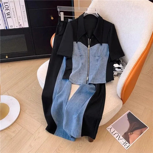 LVSANW New Fashion Female Trousers Set Spring Autumn Fake Two Pieces Denim Coat Wide Leg Pants Two-Piece Women's Casual Sports Sets 4XL