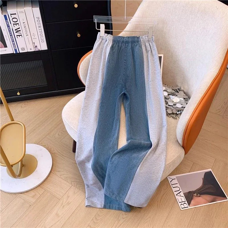 LVSANW New Fashion Female Trousers Set Spring Autumn Fake Two Pieces Denim Coat Wide Leg Pants Two-Piece Women's Casual Sports Sets 4XL