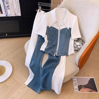 LVSANW New Fashion Female Trousers Set Spring Autumn Fake Two Pieces Denim Coat Wide Leg Pants Two-Piece Women's Casual Sports Sets 4XL