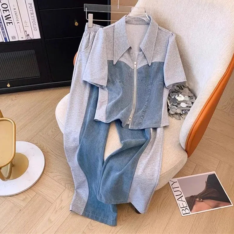 LVSANW New Fashion Female Trousers Set Spring Autumn Fake Two Pieces Denim Coat Wide Leg Pants Two-Piece Women's Casual Sports Sets 4XL