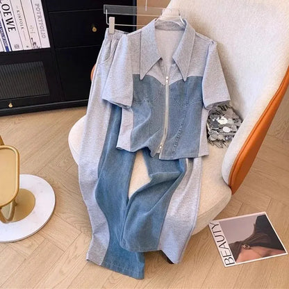 LVSANW New Fashion Female Trousers Set Spring Autumn Fake Two Pieces Denim Coat Wide Leg Pants Two-Piece Women's Casual Sports Sets 4XL