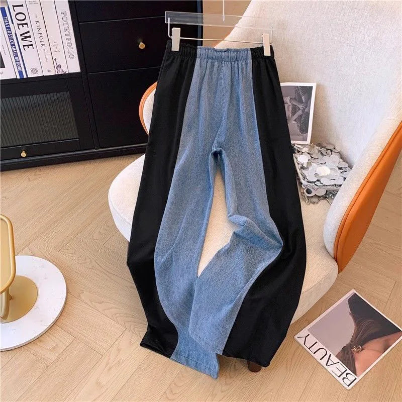 LVSANW New Fashion Female Trousers Set Spring Autumn Fake Two Pieces Denim Coat Wide Leg Pants Two-Piece Women's Casual Sports Sets 4XL