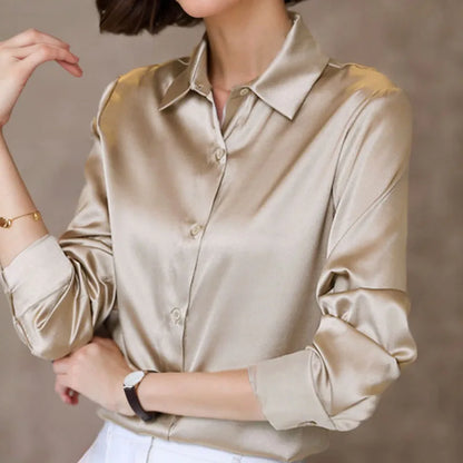 LVSANW New Fashion Simple Satin Blouse Women Loose Button Up Long Sleeve Women's Shirts Office Lady Tops Woman Casual Clothes 11355