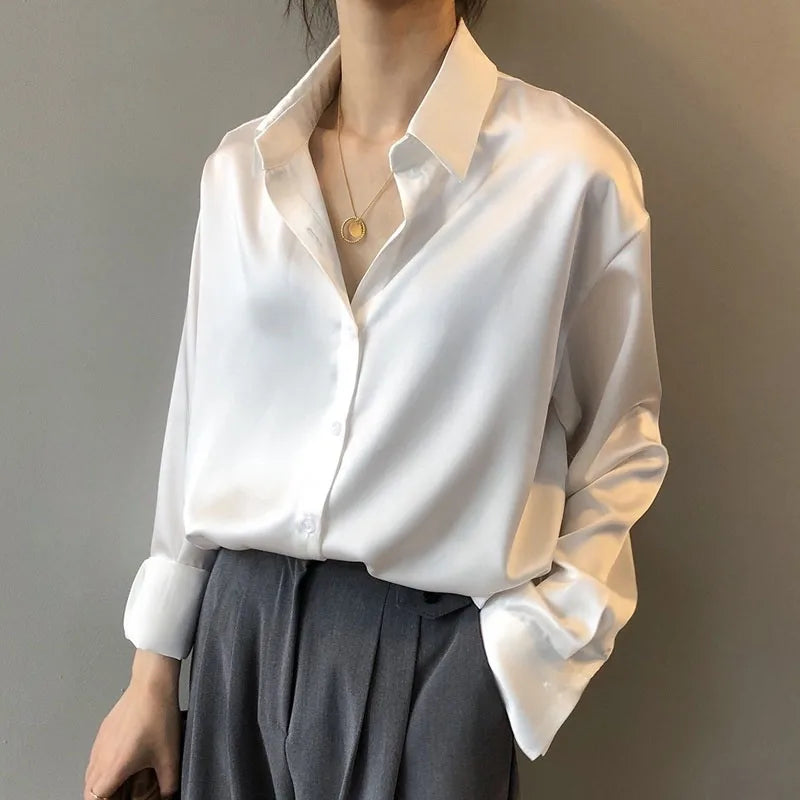 LVSANW New Fashion Simple Satin Blouse Women Loose Button Up Long Sleeve Women's Shirts Office Lady Tops Woman Casual Clothes 11355