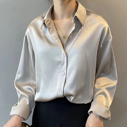 LVSANW New Fashion Simple Satin Blouse Women Loose Button Up Long Sleeve Women's Shirts Office Lady Tops Woman Casual Clothes 11355