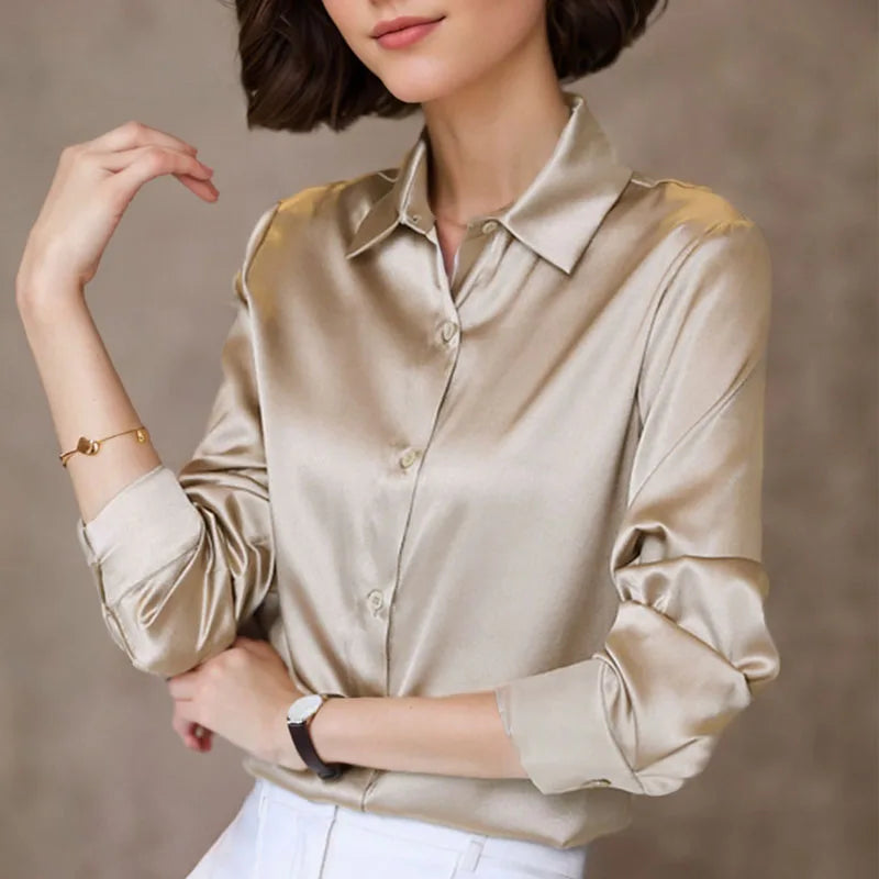 LVSANW New Fashion Simple Satin Blouse Women Loose Button Up Long Sleeve Women's Shirts Office Lady Tops Woman Casual Clothes 11355