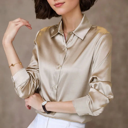 LVSANW New Fashion Simple Satin Blouse Women Loose Button Up Long Sleeve Women's Shirts Office Lady Tops Woman Casual Clothes 11355