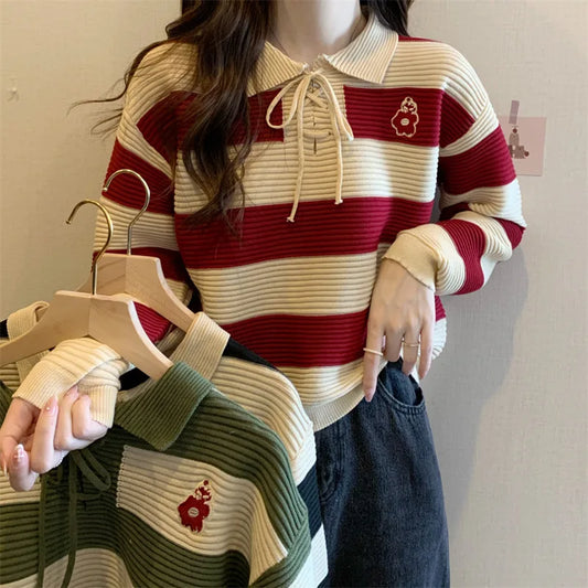 LVSANW New Fashion Stripe POLO Neck Women Loose Sweater with independent design Korean Sweetheart Embroidered Knitwear Shirt