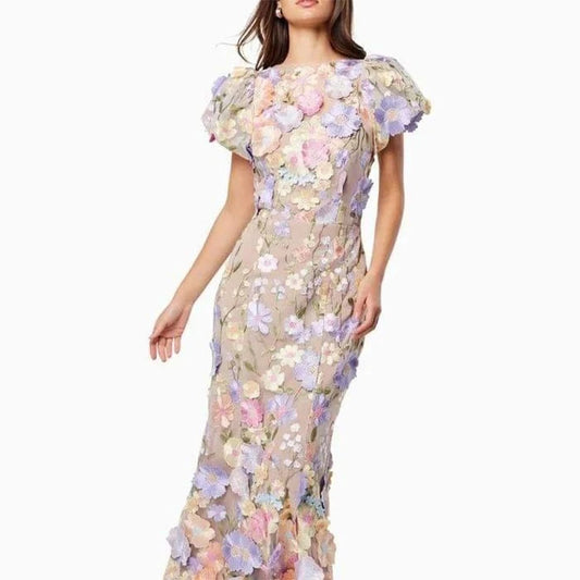 LVSANW New Floral Dress High Quality 3D Embroidered Flowers Elegant Mermaid Long Dress Puff Sleeve Women Clothes Spring Summer 43946