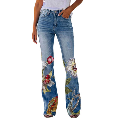 LVSANW New Floral Printed Loose Flared Pants for Women Jeans Stretch Harajuku Bell Bottom Long Trousers Female Straight Leg Denim Pants