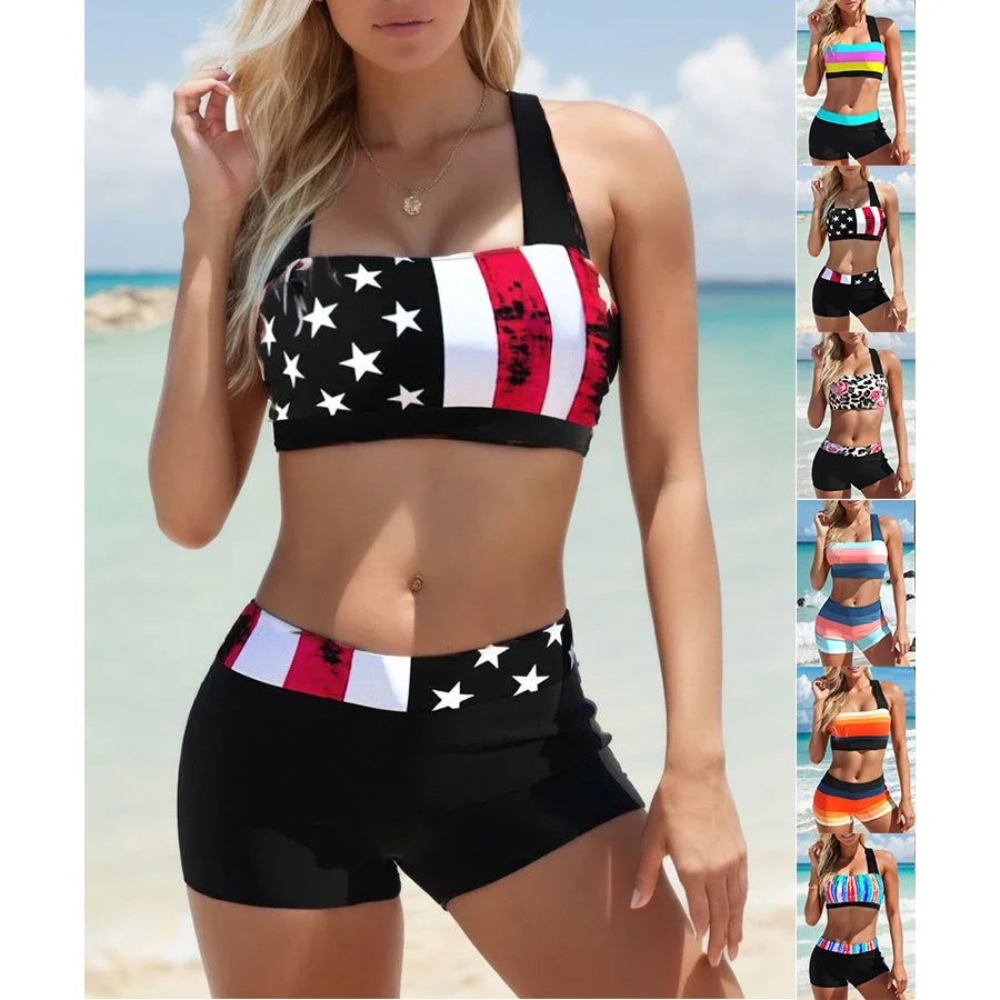 LVSANW New High Quality Summer Ladies Double Straps Swimsuit Ladies Fashion American Flag Print Vacation Beach Two-piece Swimsuit S-5XL