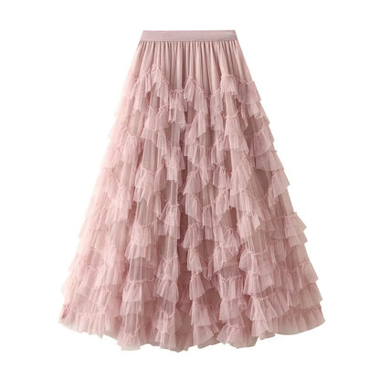 LVSANW New In 2025 Spring Summer Solid Color Mesh Cake Midi Long Skirt Women A-line Sweet Elegant Beautiful Casual Dance Tutu Skirts