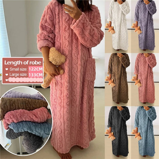 LVSANW New In Winter Warm Flannel O-Neck Long Sleeve Dress Casual Oversize Sleepwear Loose Thick Long Dress Women Pajamas Chic Homewear