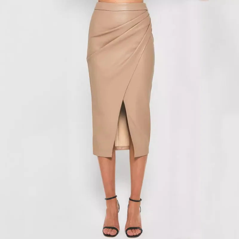 LVSANW New In Women's PU Leather Skirt 2025 Fall Winter Office Lady High Waisted Zipper Pleated Bodycon Skirts Female Sexy Skirt