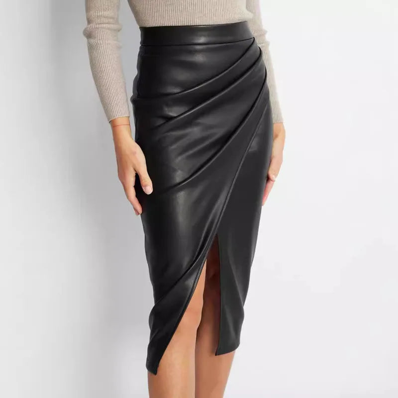 LVSANW New In Women's PU Leather Skirt 2025 Fall Winter Office Lady High Waisted Zipper Pleated Bodycon Skirts Female Sexy Skirt