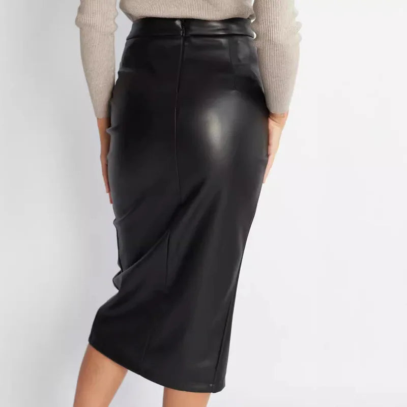 LVSANW New In Women's PU Leather Skirt 2025 Fall Winter Office Lady High Waisted Zipper Pleated Bodycon Skirts Female Sexy Skirt