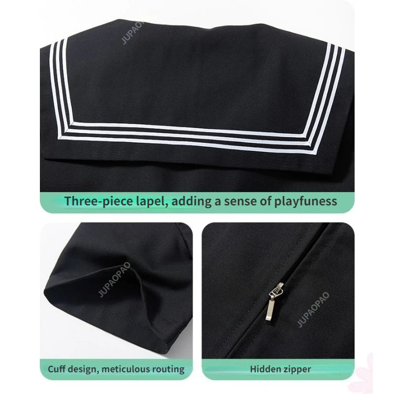 LVSANW New Japanese School Uniform Suit Sailor JK Basic Cartoon Girl Navy Sailor Uniform Black sets Navy Costume Women girl costume