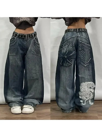 LVSANW New Jeans Female Y2K American Harajuku Retro Washed Loose Jeans Street Fashion Casual Gothic High Waist Pants For Men and Women