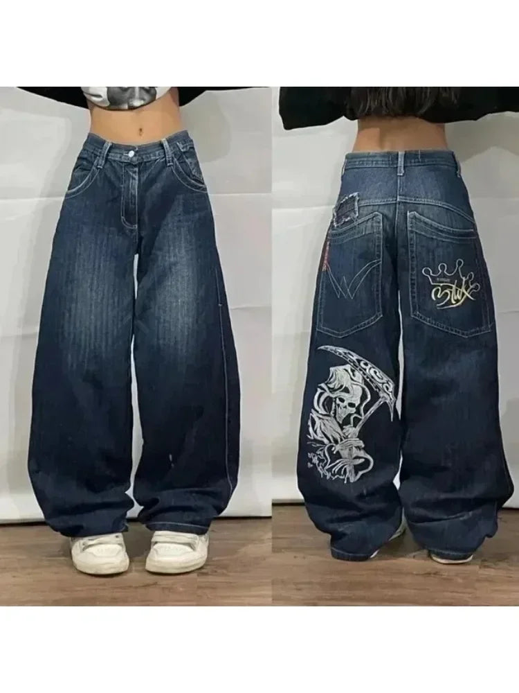 LVSANW New Jeans Female Y2K American Harajuku Retro Washed Loose Jeans Street Fashion Casual Gothic High Waist Pants For Men and Women